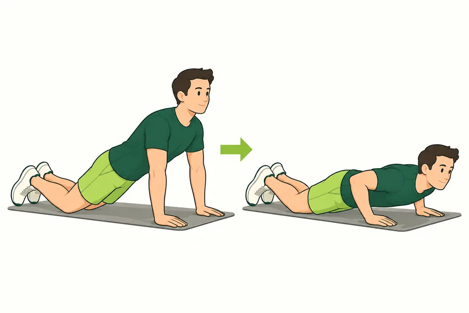膝つき腕立ての準備姿勢と動作（男性イラスト）