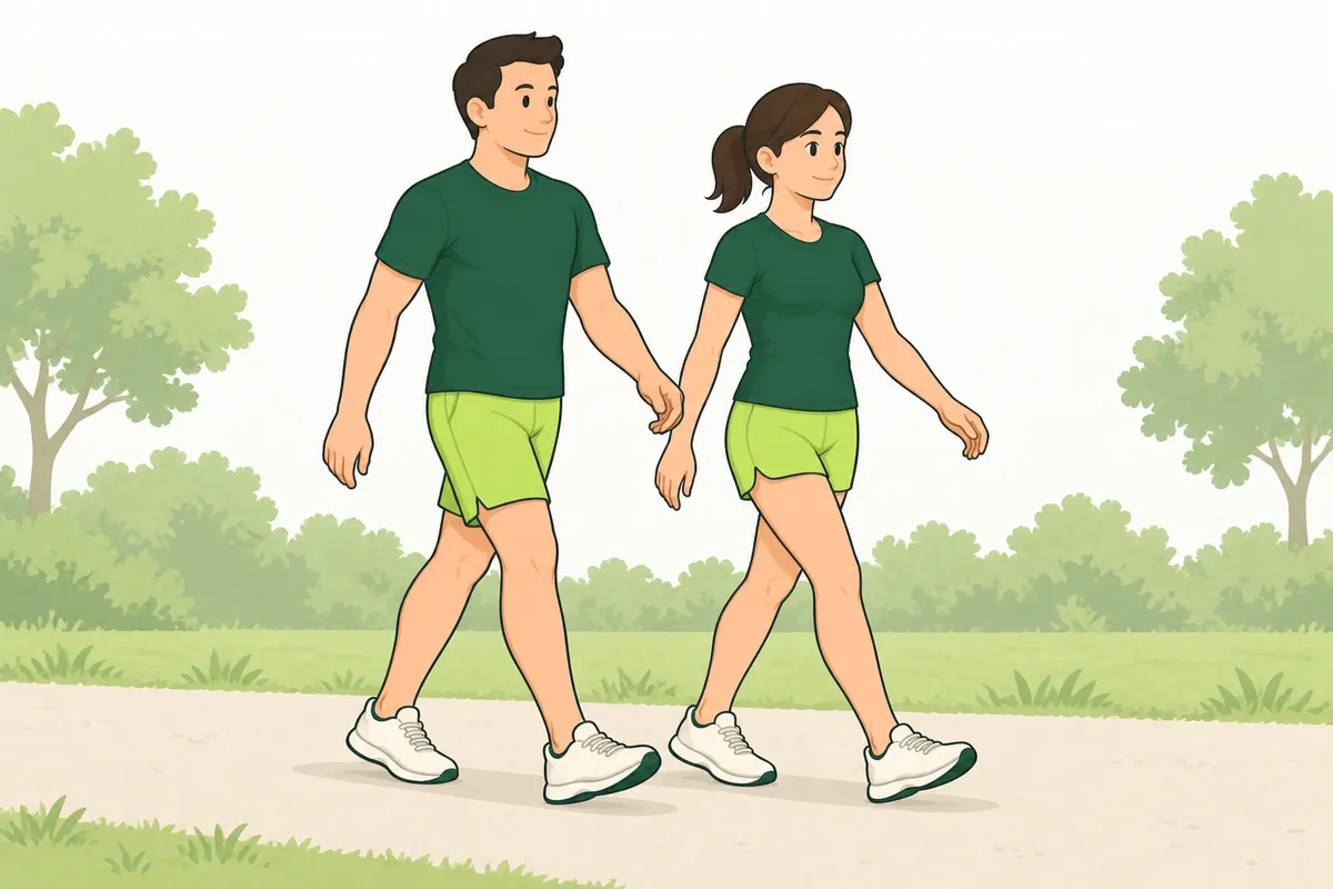 リラックスした姿勢で歩く男女のウォーキングイラスト